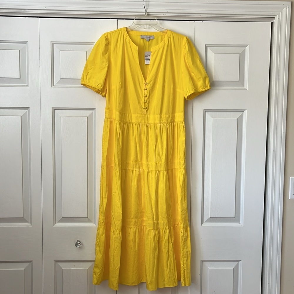 NWT Ann Taylor LOFT yellow tiered cotton poplin dress 10 12 - Picture 2 of 7